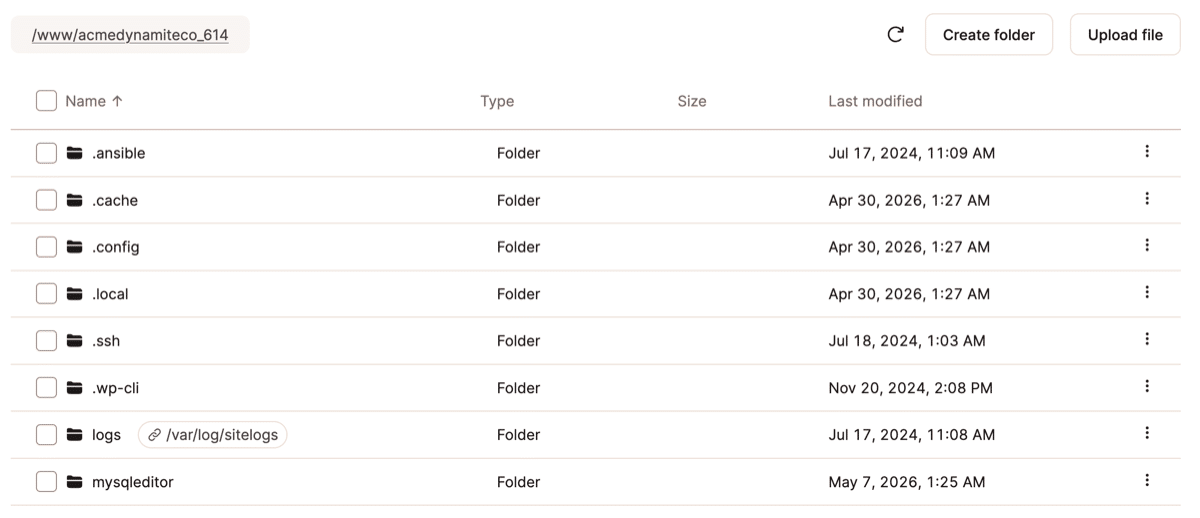 Screenshot showing folder contents within the MyKinsta file manager.