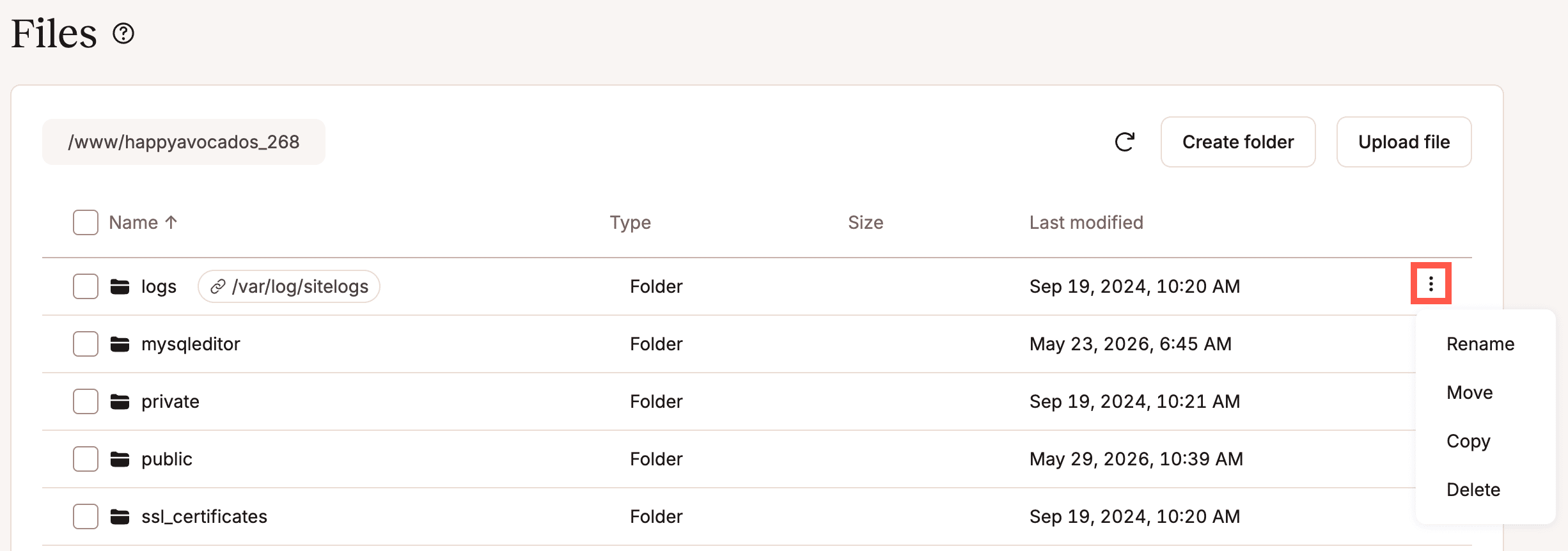 A screenshot showing the kebab menu actions for symlinks in the MyKinsta file manager.